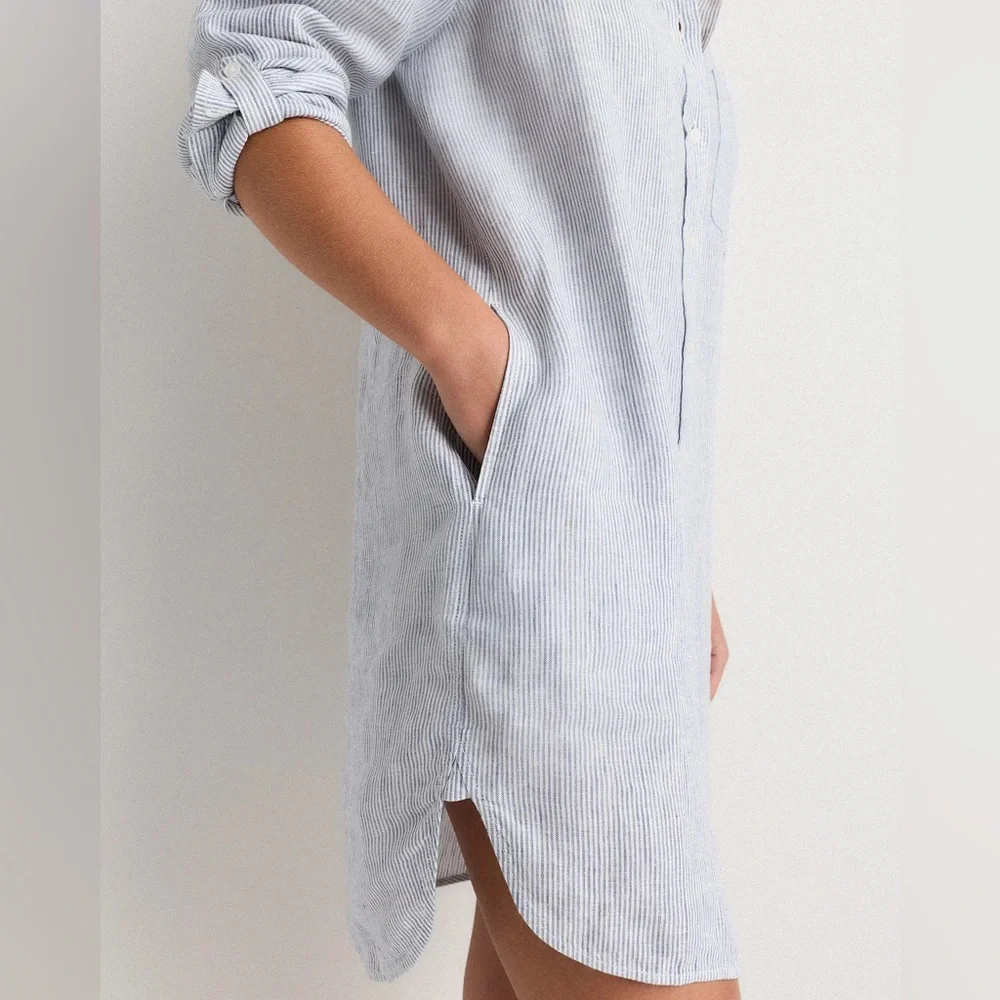 NWT Quince Women’s 100% European Linen Shirt Dress – Blue Pinstripe (Size S) - Picture 3 of 9